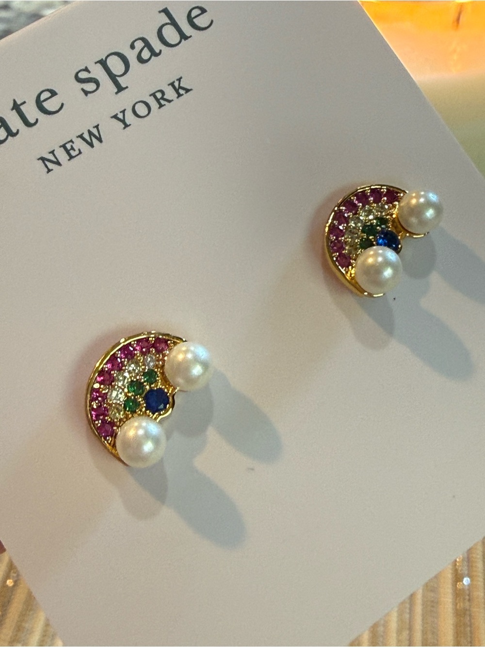 NEW kate spade new york Wishes Rhinestone Faux Pearl Rainbow Stud Earrings - Picture 7 of 9